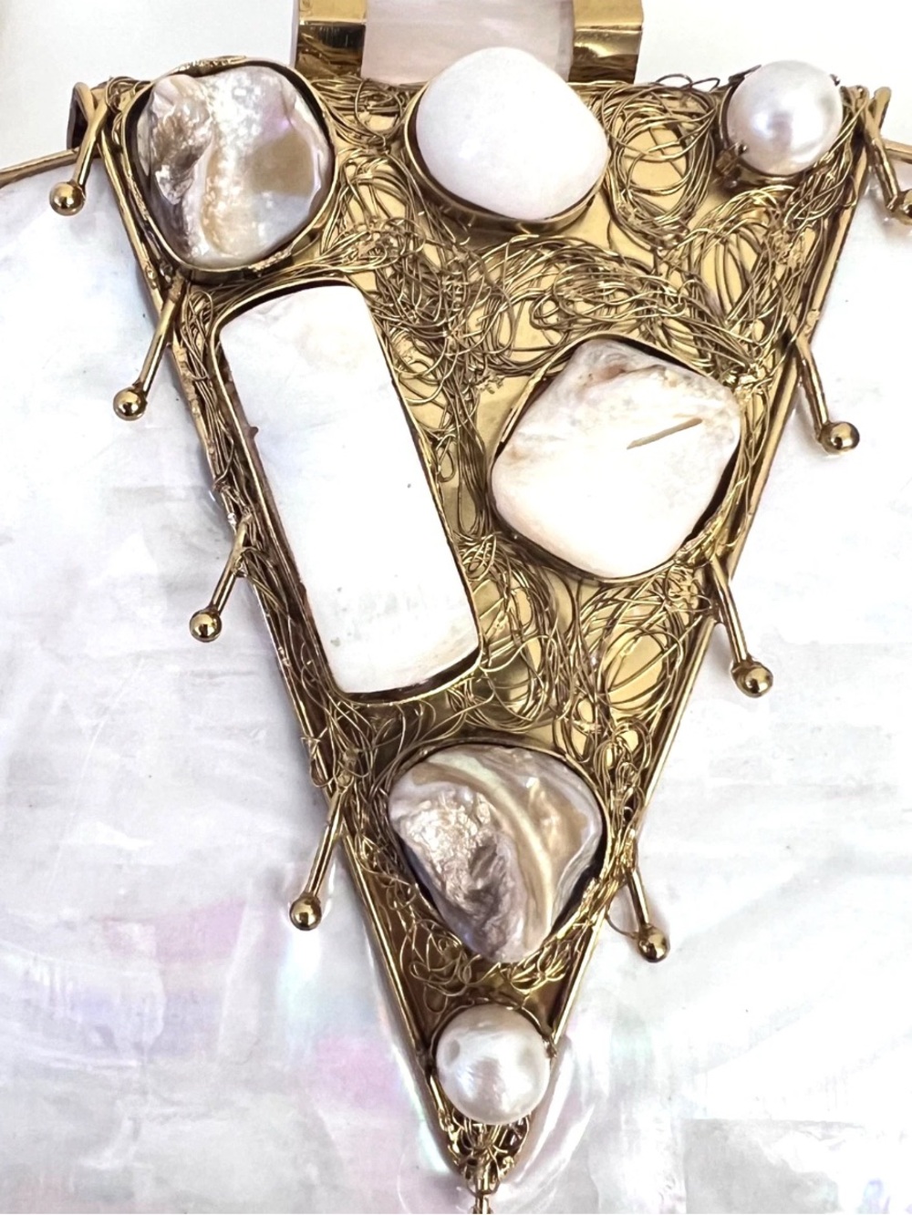 Ramla La Perle Gemstone Clutch Bag Mother of Pearl Handmade Gold White NEW - Picture 4 of 11